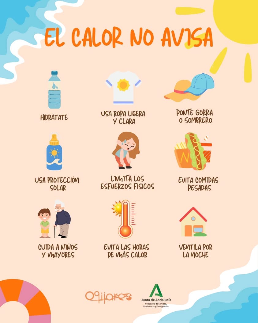 🌞 EL CALOR NO AVISA Desde la Concejalía de Protección Civil compartimos una serie de consejos para hacer frente a las a.